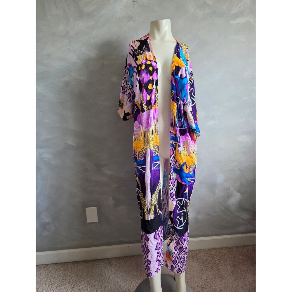 Vibrant Long Kimono Bold Abstract Geometric Print Open Front Giraffe